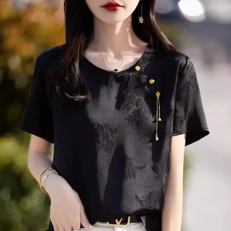特大码300斤国风新中式短袖T恤女夏季高级感缎面提花气质衬衫上衣
