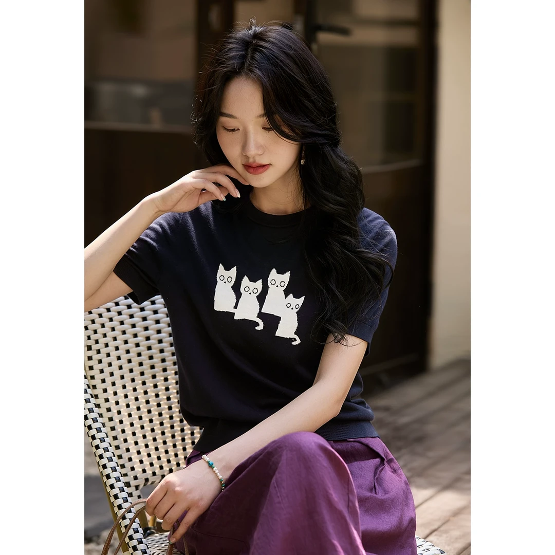 【呆萌"F4猫咪"】桑蚕丝小衫减龄显瘦短袖T恤针织上衣ZYD861721MG