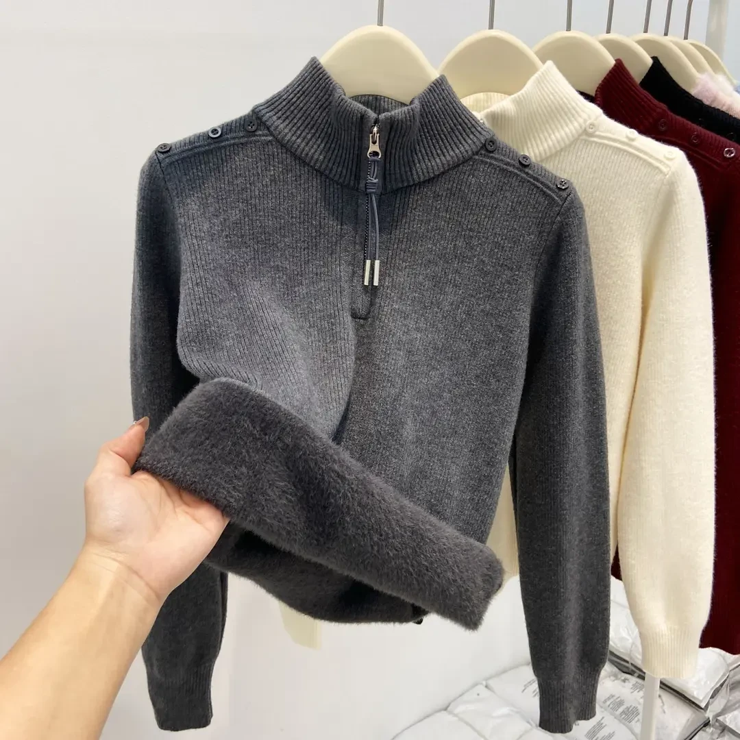 一体绒加厚半高领打底上衣女秋冬设计感半拉链内搭保暖针织衫毛衣