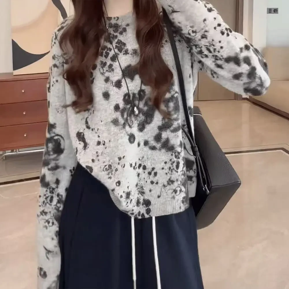 秋季新款洋气慵懒风宽松百搭设计感软糯晕染针织毛衣女长袖上衣