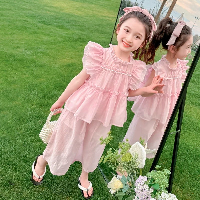 女小童时尚套装夏季新款女宝宝飞袖娃娃衫夏装小女孩薄款两件套潮