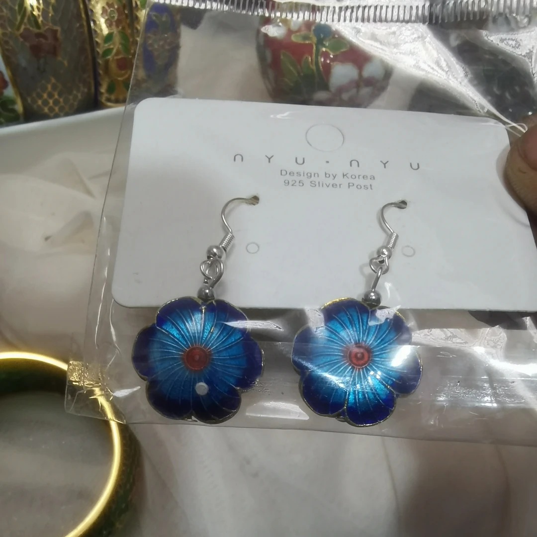 合金珐琅耳饰 景泰蓝机制蓝色耳坠一对