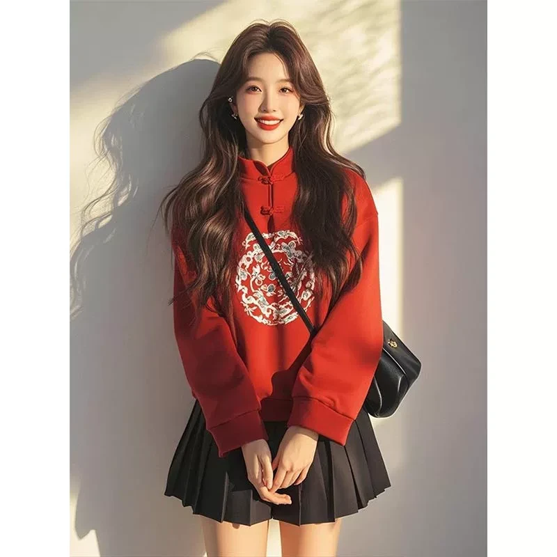 新中式女装国风本命年红色卫衣女款小个子显瘦正肩设计感印花上衣