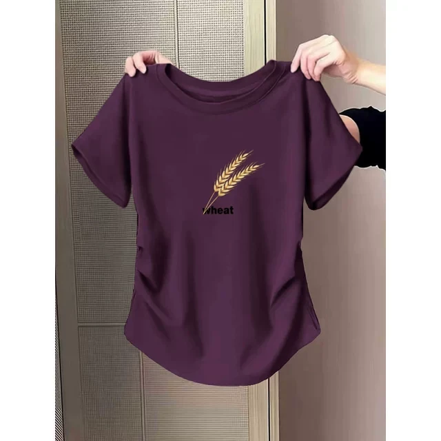 正肩褶皱t恤女装夏季新款时尚洋气不规则打底百搭圆领薄款打底衫