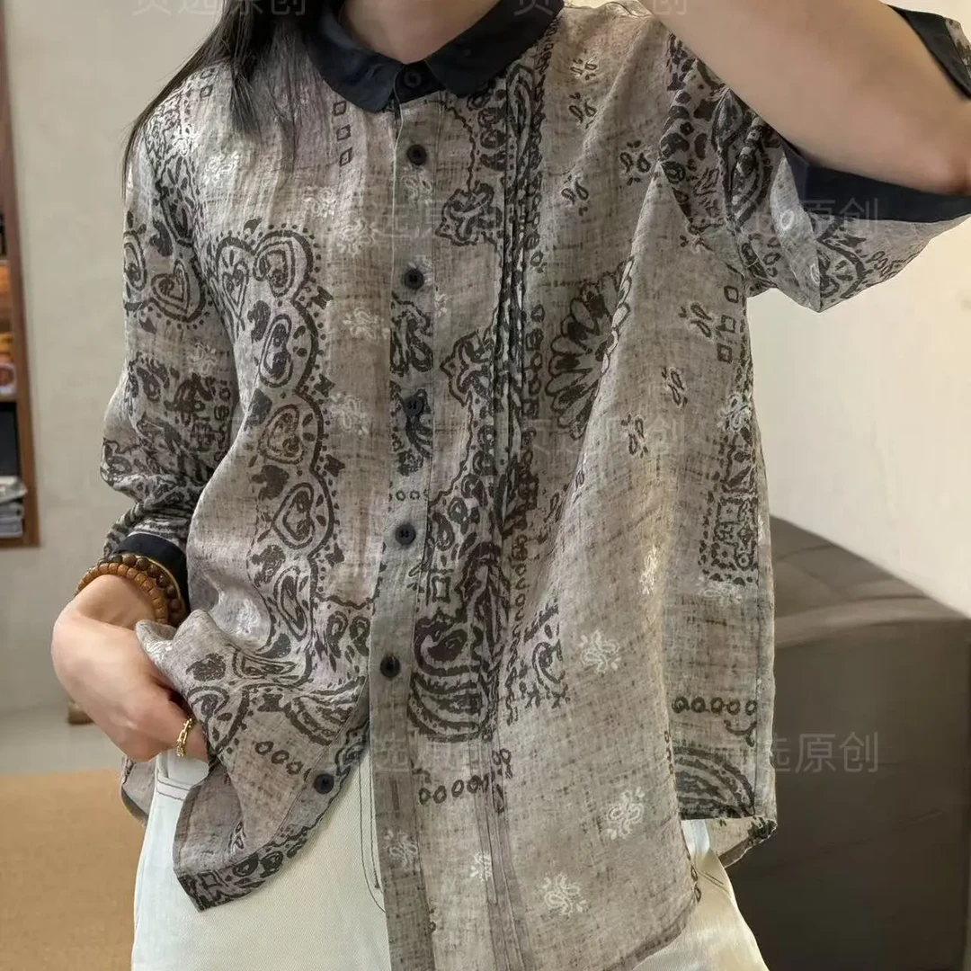 D165-复古灰色不规则设计中袖衬衫百搭时尚