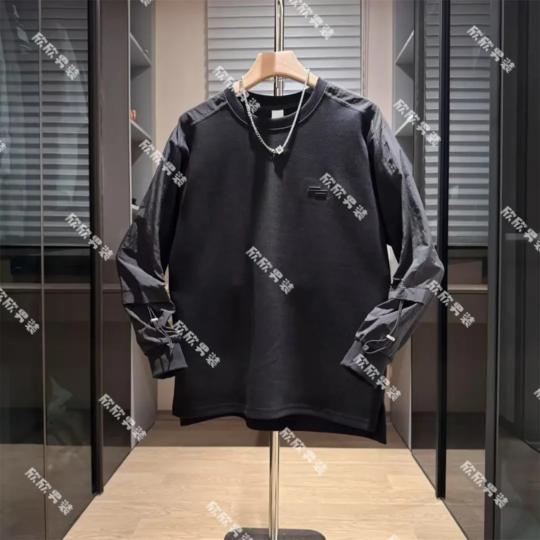 潮牌抽绳侧开叉刺绣拼接潮流时尚百搭圆领设计师风卫衣男士春秋