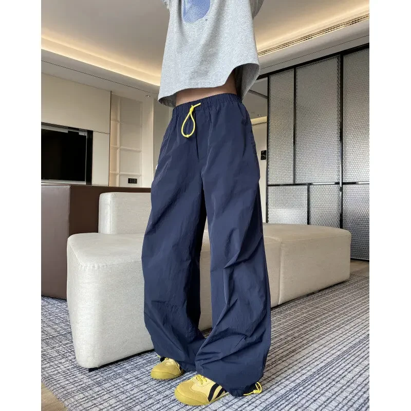 藏青色降落伞兵冲锋裤子男夏季抽绳可调节速干美式褶皱弯刀登山裤