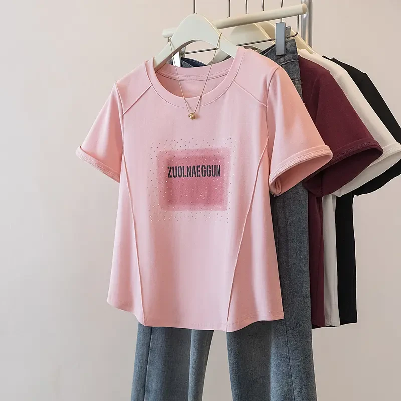 大码120斤到220斤女装2025夏季新款舒适宽松烫钻印花T恤短袖FC182