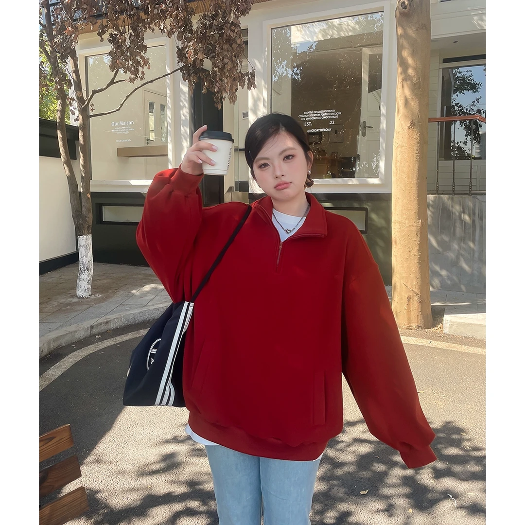 BUMENYLEE大码女装新款加绒卫衣红色超好看百搭显瘦上衣