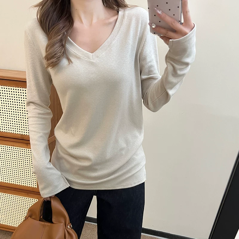 v领露锁骨长袖打底衫女内搭春季宽松长袖t恤遮屁股开叉中长款上衣