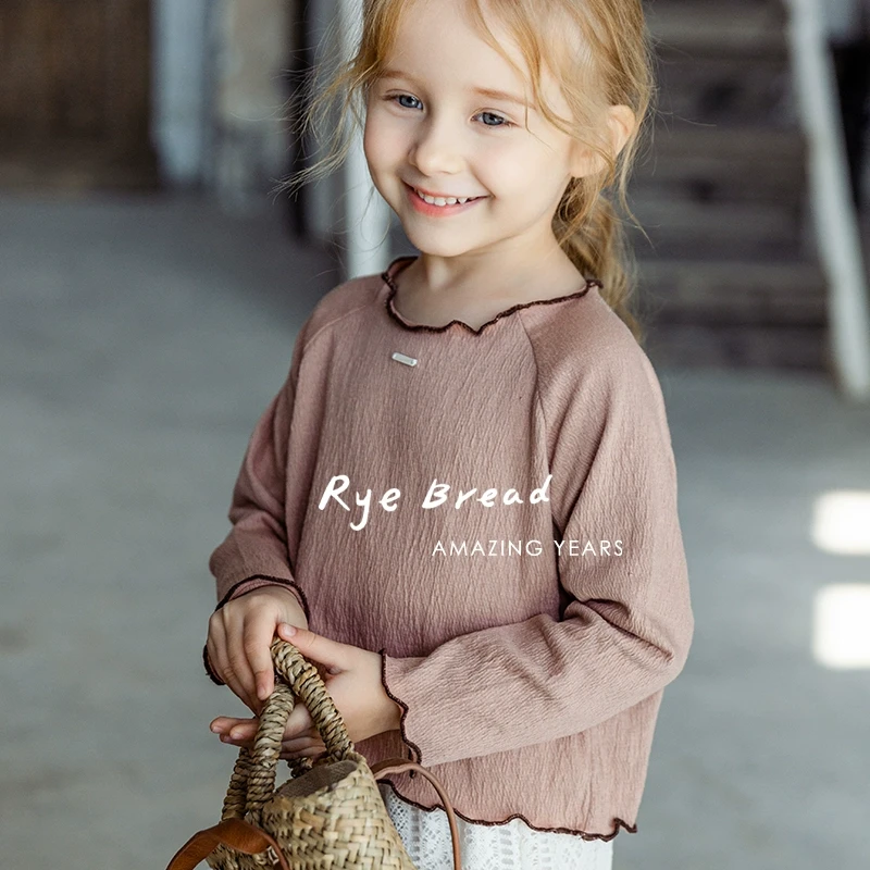 ryebread/黑面包童装 韩系女小童纯色花边设计打底衫 5春