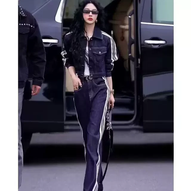 港风时尚女神范两件套开衫翻领春秋牛仔上衣宽松显瘦牛仔裤套装潮