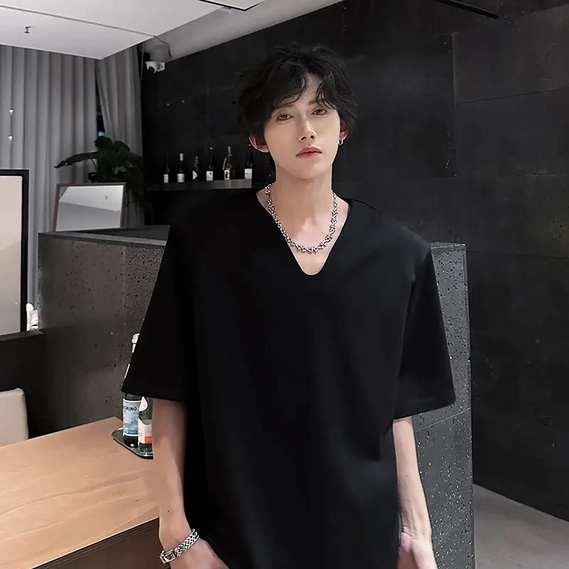 美式高街垫肩v领短袖T恤男款夏季高级感痞帅潮牌重磅廓形五分半袖