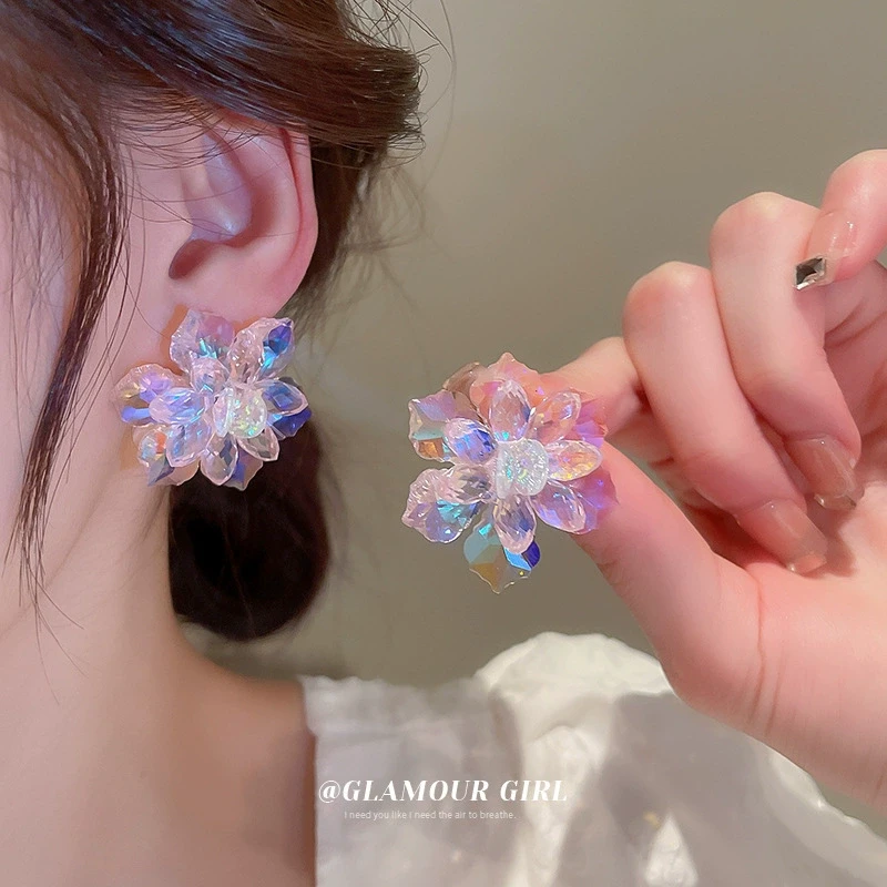 银针彩光款花朵耳环韩国ins少女甜美气质耳钉网红时尚耳饰女
