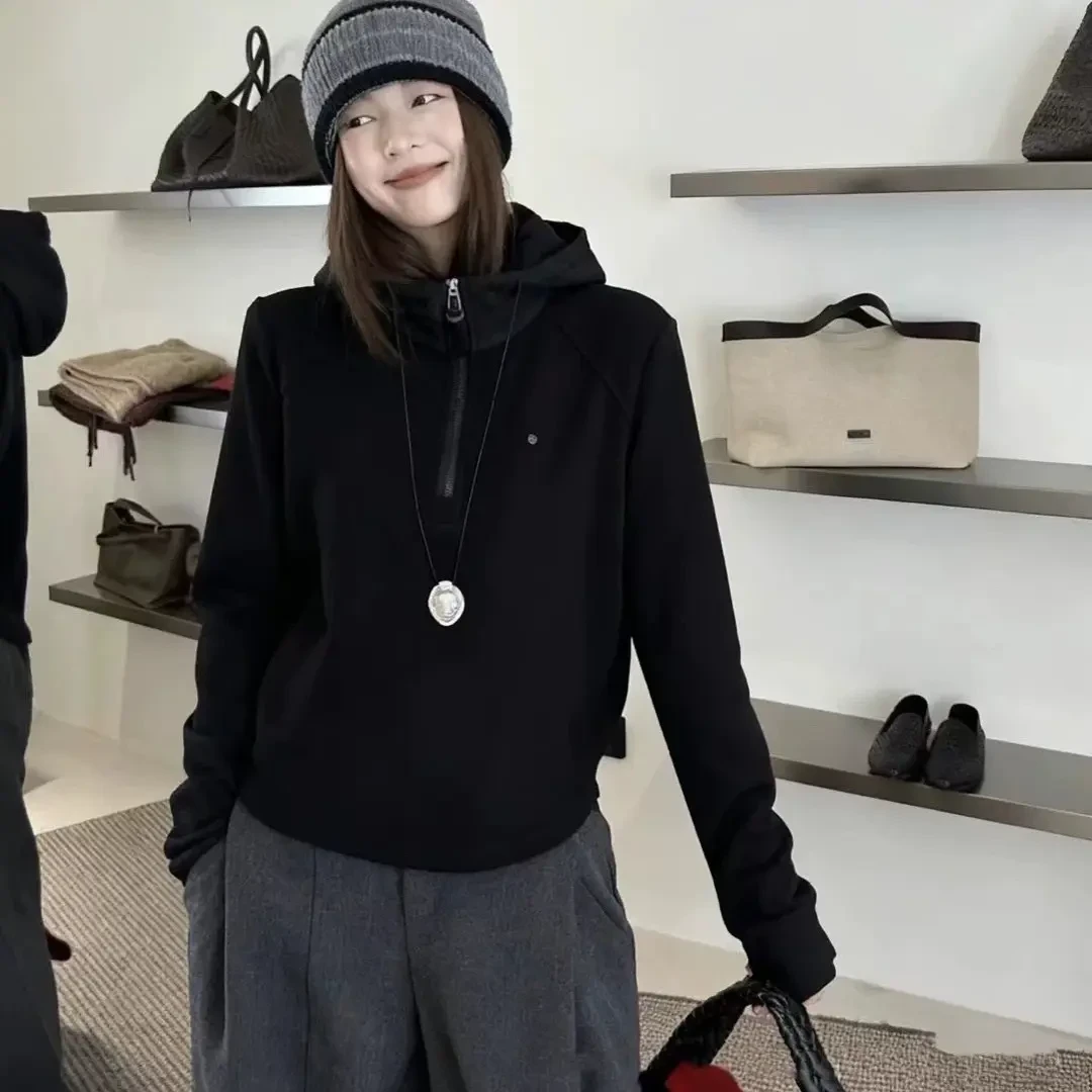 【鑫妮服饰】半拉链连帽德绒卫衣女秋冬加厚保暖拼接显瘦打底上衣潮