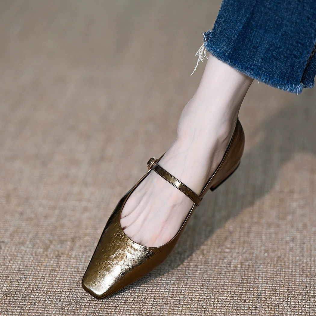 2025新款玛丽珍鞋女法式方羊皮头一字扣带粗跟金银色单鞋