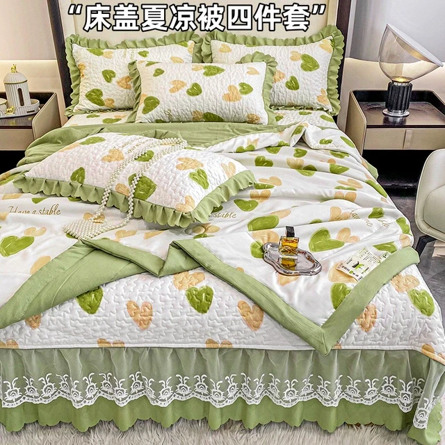 双层纱夹棉床盖夏凉被四件套水洗棉麻床盖三件套可机洗空调薄被子
