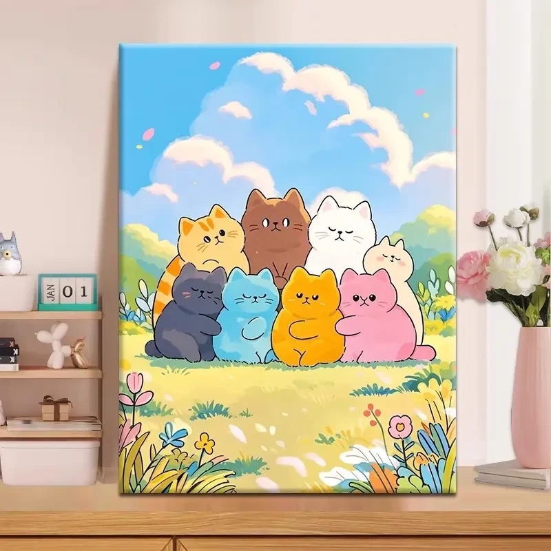 (小猫聚会）diy数字油画红线条手工填涂色解压治愈丙烯装饰画