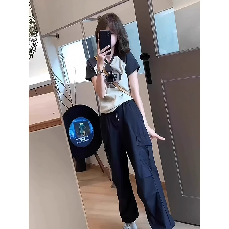 2025新款夏季时尚洋气减龄显瘦遮肉休闲工装裤女装短袖T恤两件套