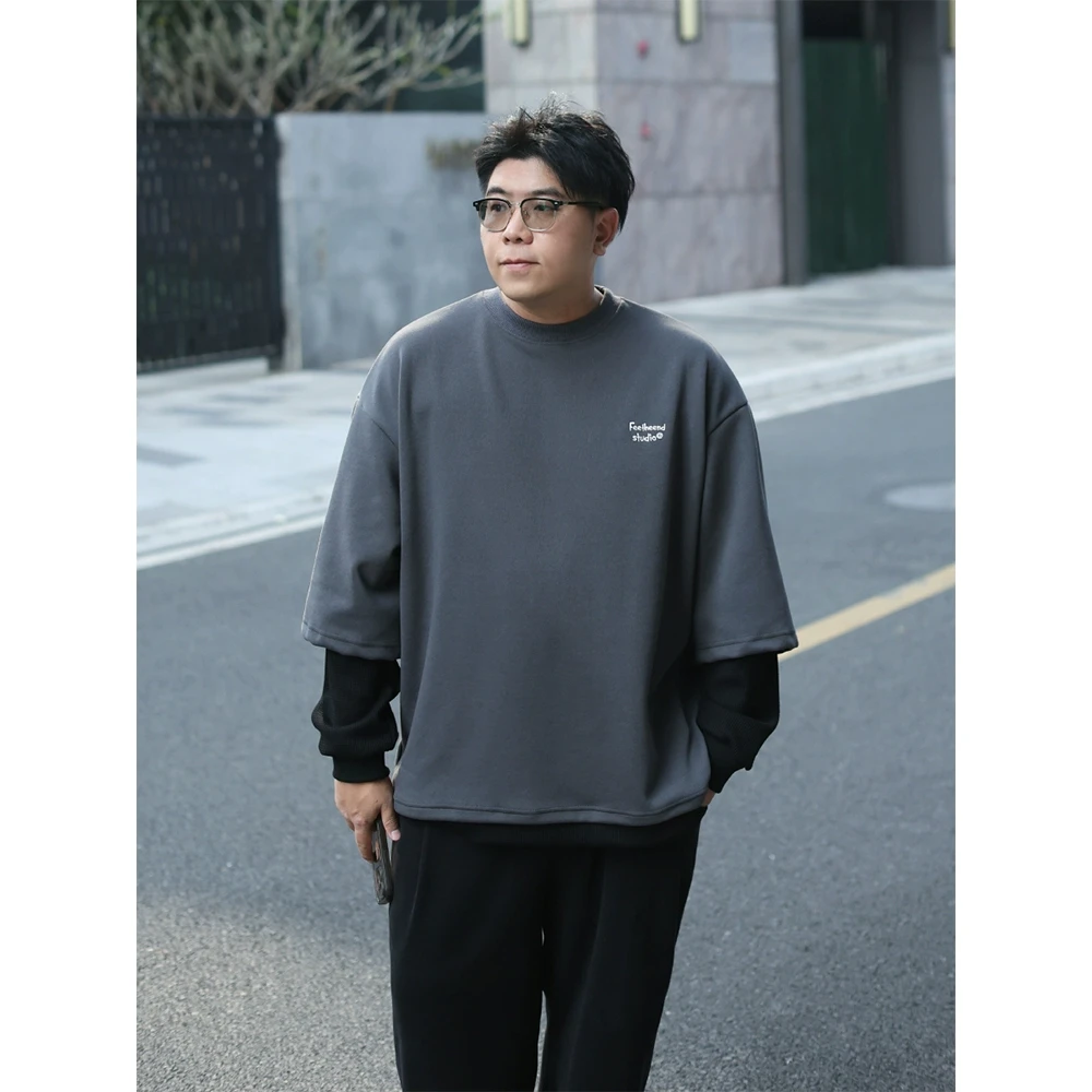 路人社春季长袖T恤男假两件上衣宽松百搭大码男装纯色外穿打底衫