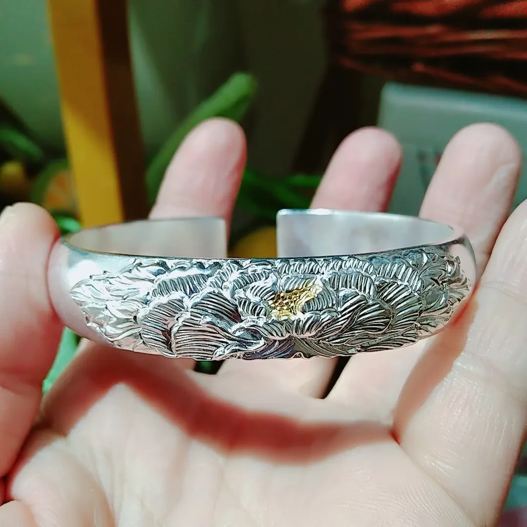 足银手镯 足 描金实心牡丹花手镯58圈口