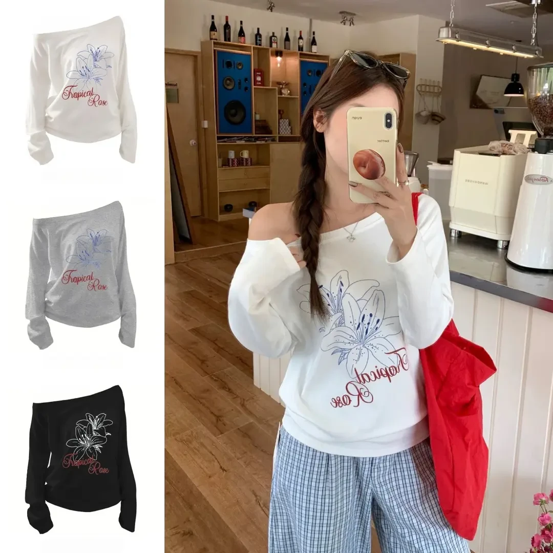 白色印花斜肩百搭长袖T恤女秋季2025新款韩版时尚宽松显瘦女上衣