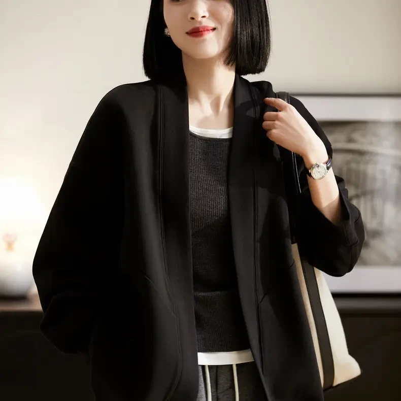 E802简约长袖V领直下摆短外套显瘦休闲厚款日式春秋女