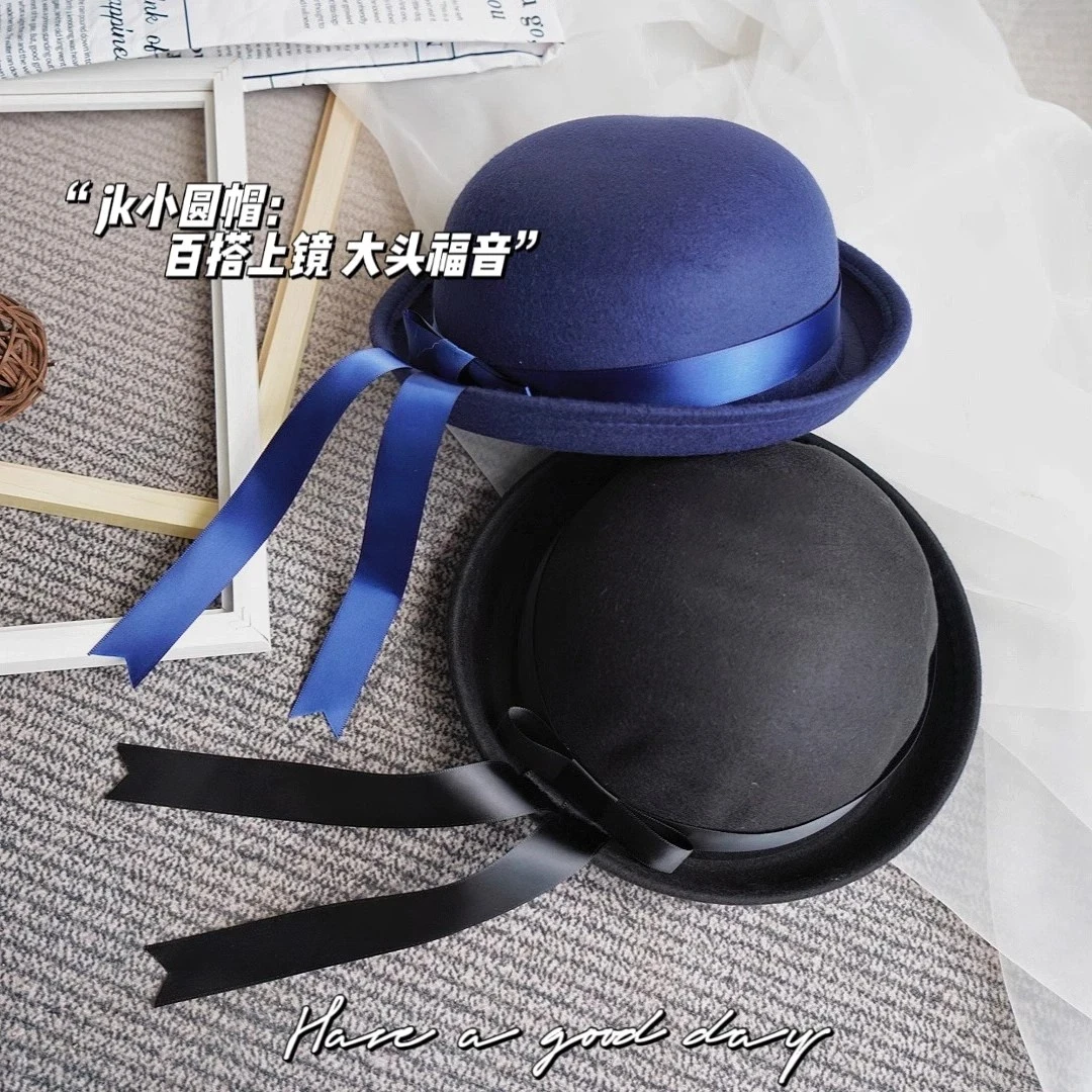 日系JK制服帽百搭网红小圆帽潮学院风少女猫耳朵毛呢帽蝴蝶结飘带