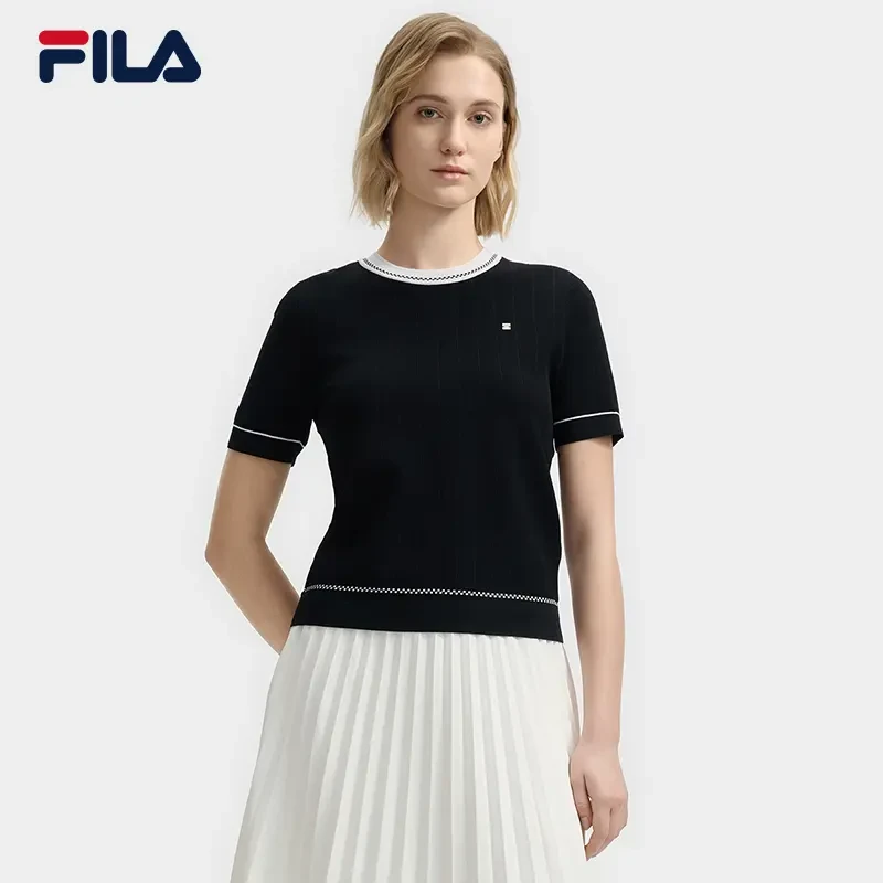 FILA斐乐女夏新款【时尚优雅短袖】休闲百搭圆领编织衫F11W523401F