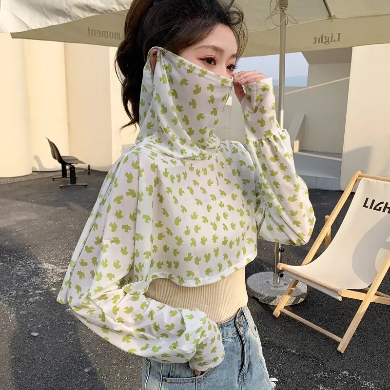 纯色防晒披肩女夏季遮脸骑车长袖挂耳面罩薄款遮阳骑行碎花短款