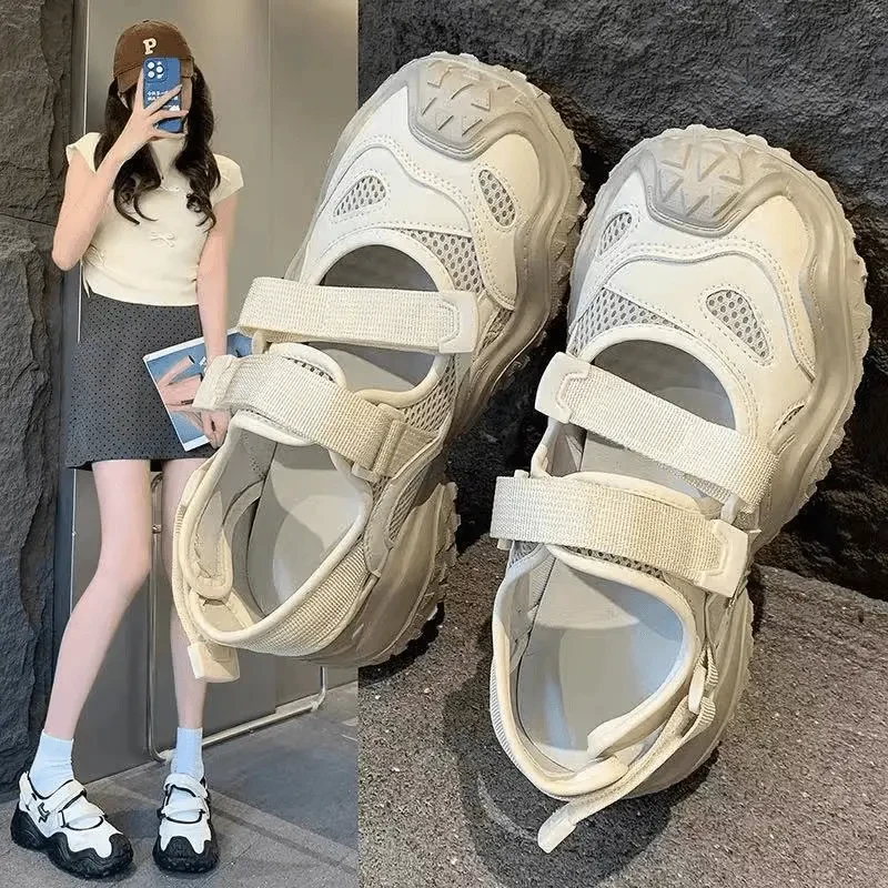 山系丑萌魔术贴小白鞋2025夏季新款透气休闲鞋厚底板鞋运动凉鞋