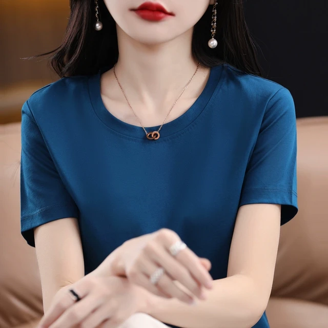 【新国货】棉T恤女130支双面丝光棉短袖V领圆领宽松大码夏