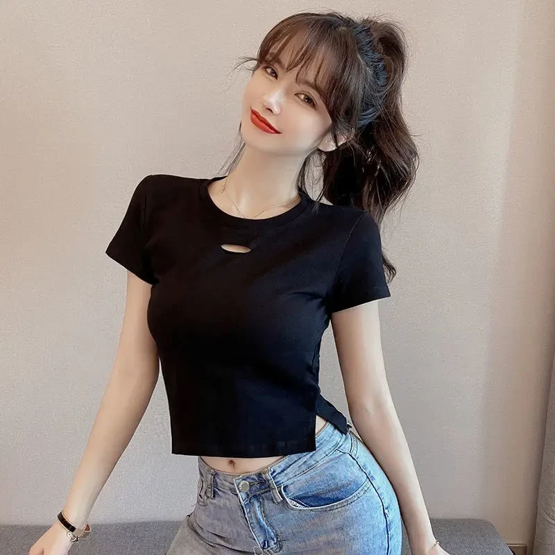 拉夏贝尔棉款个性T恤女短款高腰露脐上衣短袖2025年新款夏季设计
