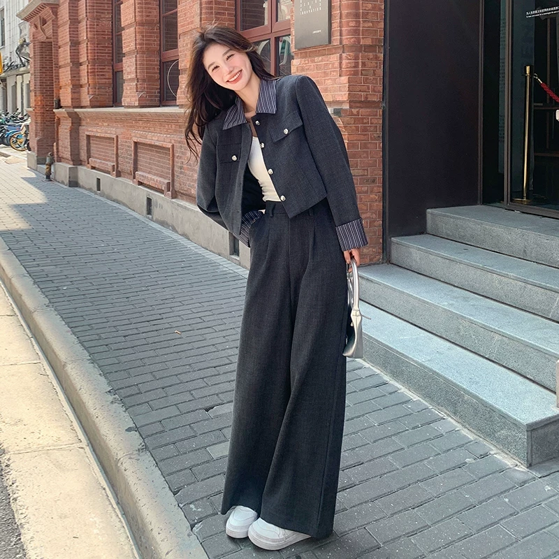 一整套韩系穿搭小香风套装女春秋2025新款短款外套阔腿裤两件套潮