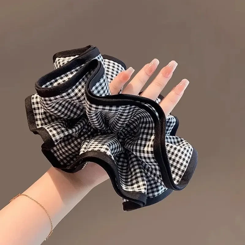 千鸟格肠圈黑白格纹ins甜美褶皱超大发圈头花发饰发绳猪大肠