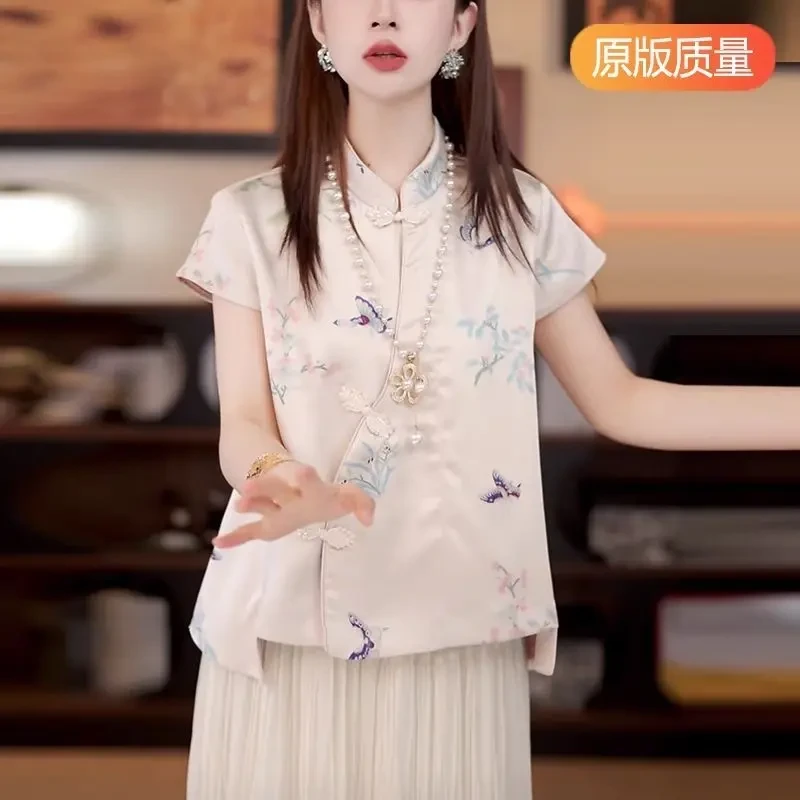 短袖立领盘扣上衣女国潮中国风唐装印花衬衫上衣