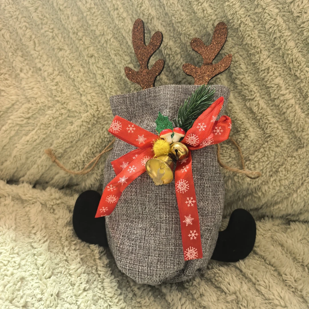 圣诞创意鹿角麻布苹果袋糖果袋（一起两个灰色米黄色）