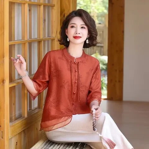 中老年女装优雅舒适气质时尚夏季宽松文艺遮肉显瘦百搭款