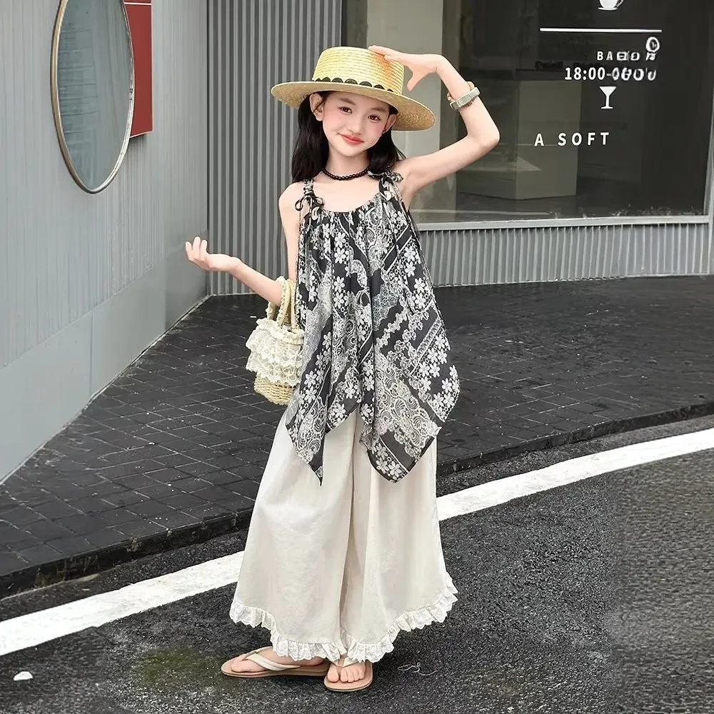 儿童夏装6-12岁潮款吊带女童套装中大童装不规则上衣阔腿裤两件套