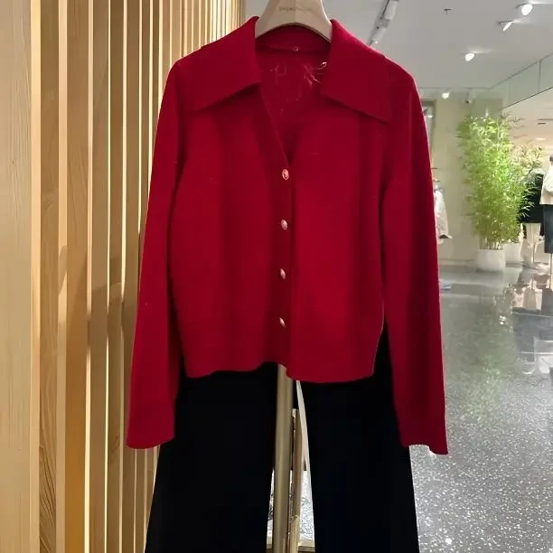 声雨竹1S706秋冬季方领装饰扣针织开衫时尚百搭舒适套头开衫两穿