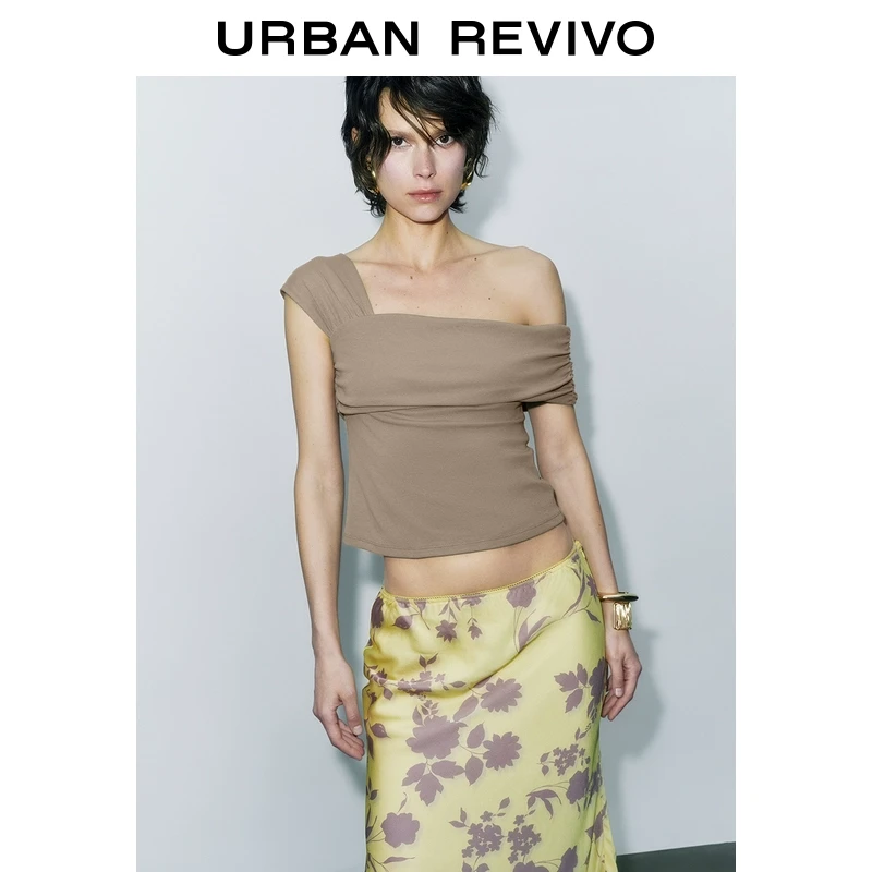 UR2025夏季新款女装魅力气质通勤斜肩领露肩短袖T恤UWG450106