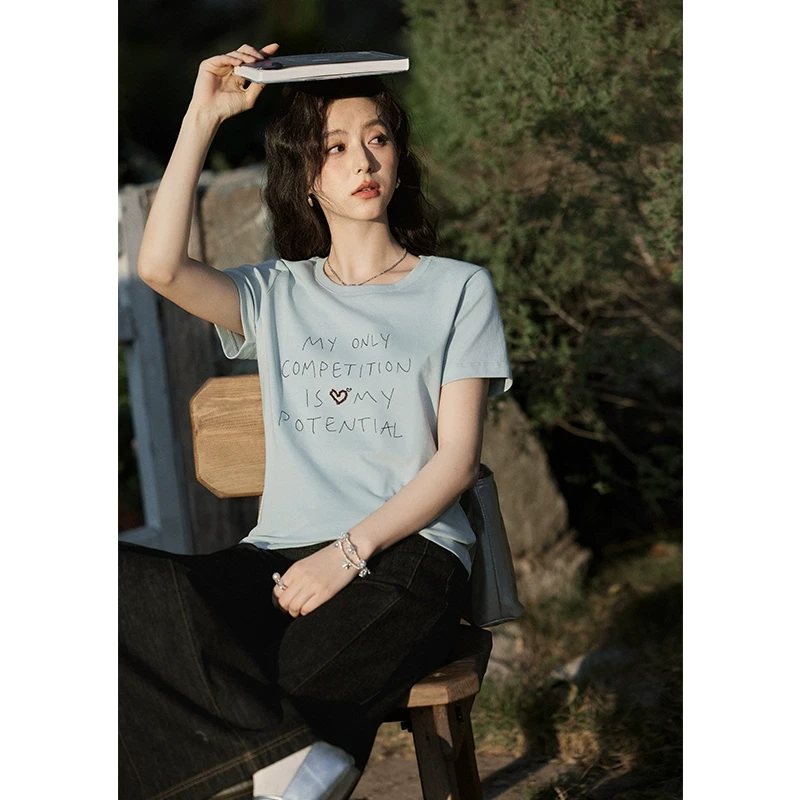 谜秀新品圆领短袖T恤女2025春季款刺绣印花图案百搭显瘦上衣运动