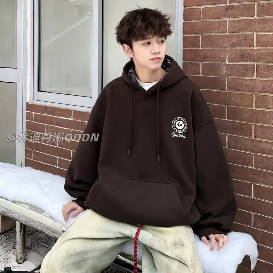 美拉德穿搭慵懒港风秋冬季加绒加厚连帽卫衣男女休闲上衣外套