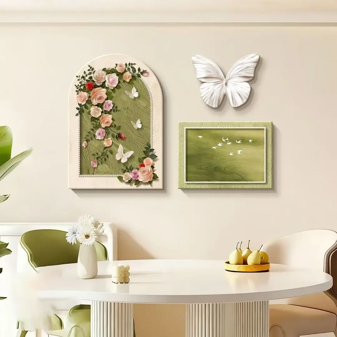 066/法式奶油风餐厅装饰画蝴蝶玫瑰组合餐桌艺术挂画挂画