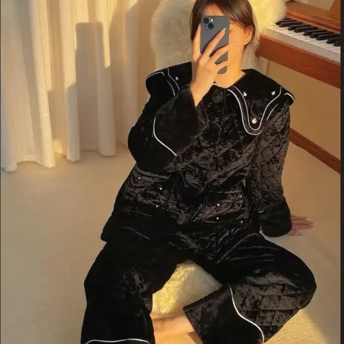 黑色加绒加厚可外穿女士冬季保暖睡衣家居服
