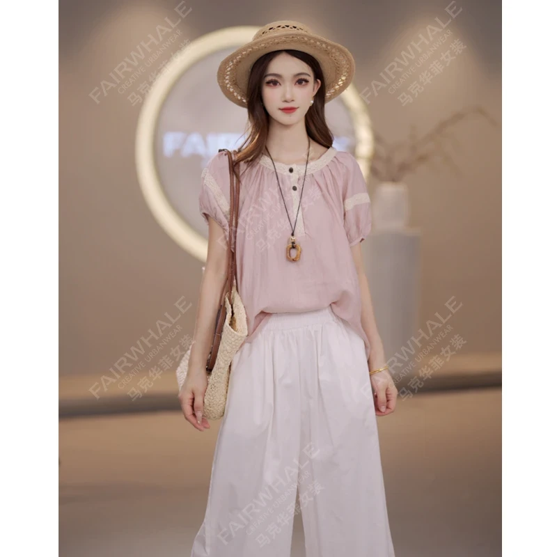 马克华菲女装夏季2025法式蕾丝拼接短袖气质衬衫减龄休闲上衣舒适