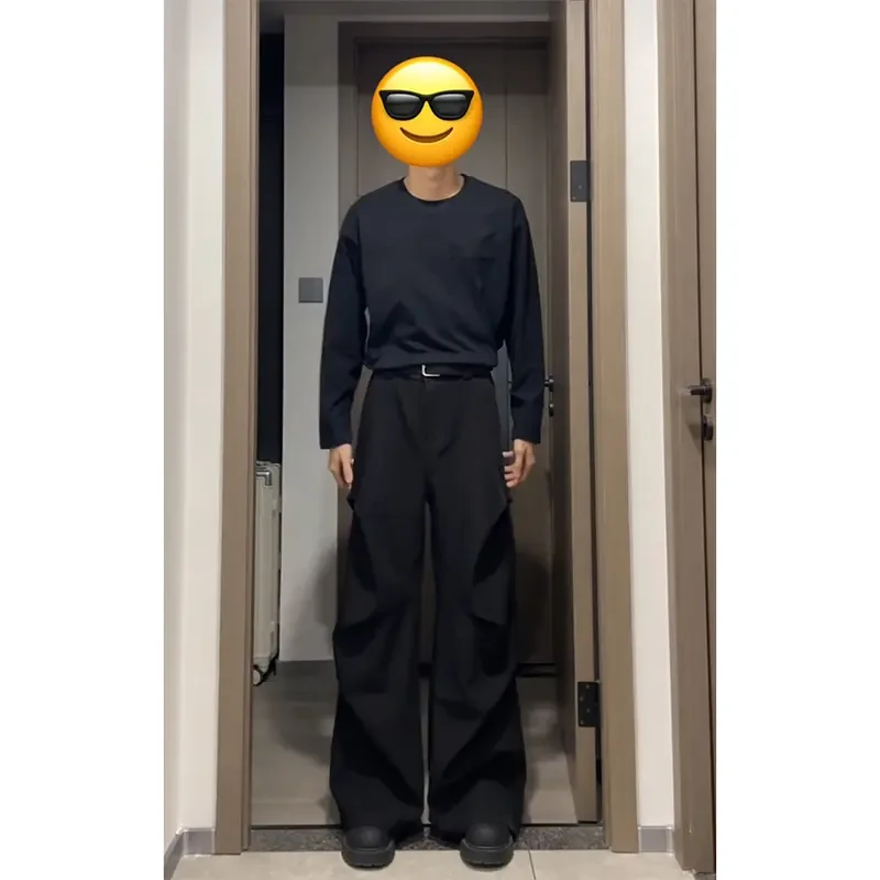 潮牌黑色褶皱西裤男款垂感cleanfit美式高街裤子阔腿直筒西装裤