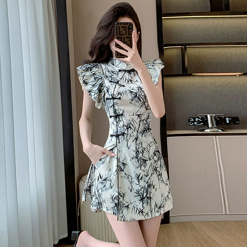 水墨竹子印花新中式国风连衣裙旗袍上衣小飞袖年轻款少女套装短裤