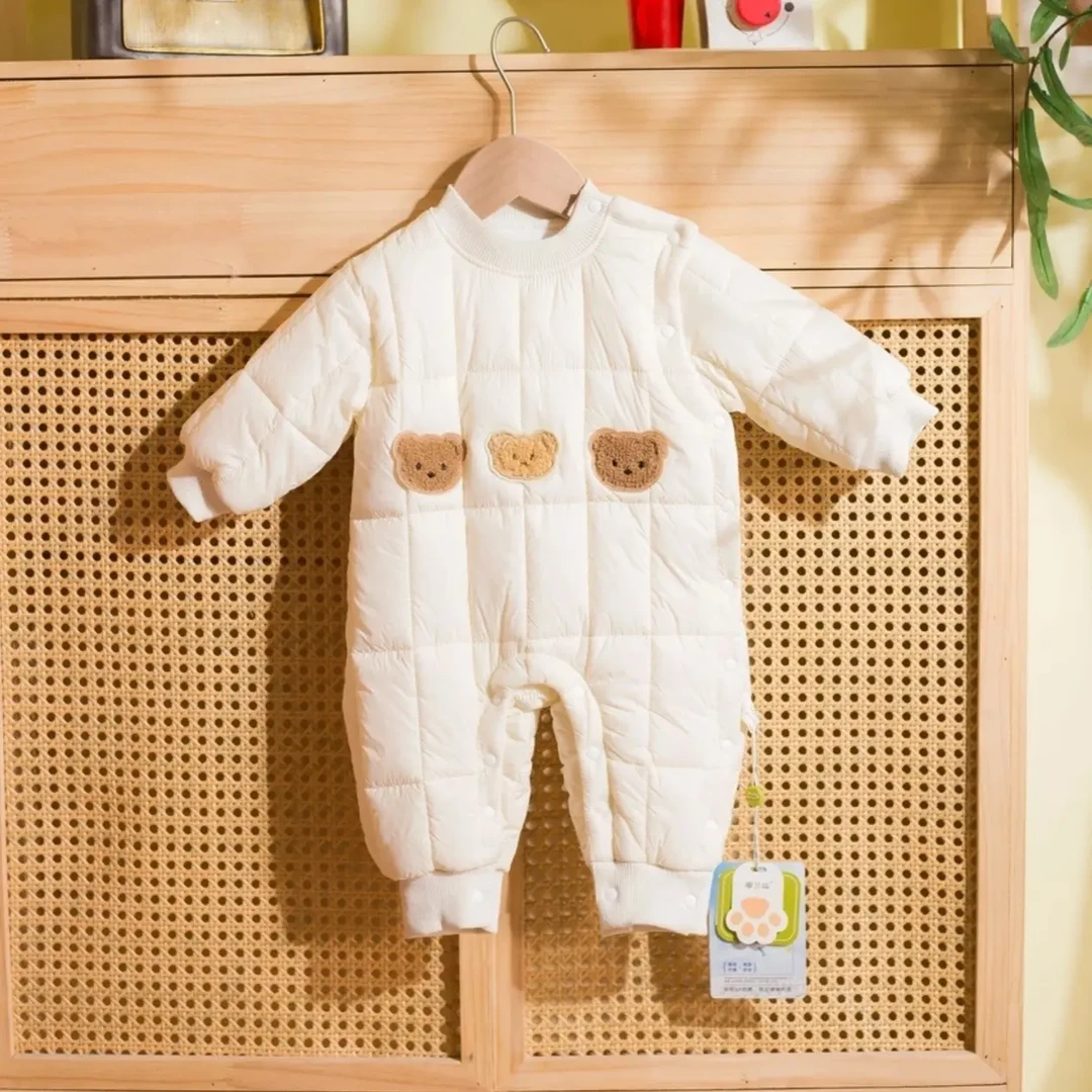 三只熊偏开婴幼儿连身衣宝宝保暖薄棉哈衣棉衣爬爬服