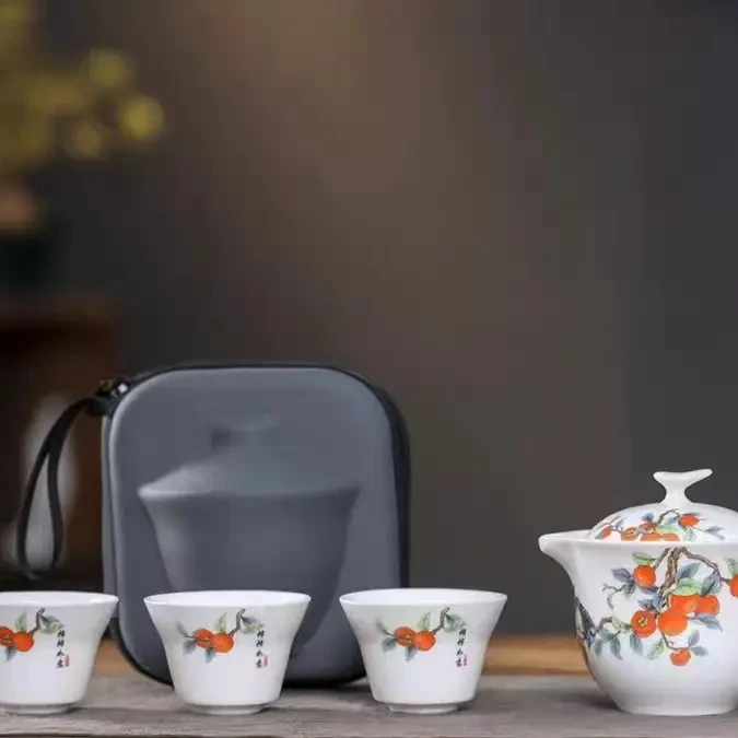 友名陶瓷 羊脂玉瓷柿柿如意手抓一壶三杯便携快客旅行茶具H264